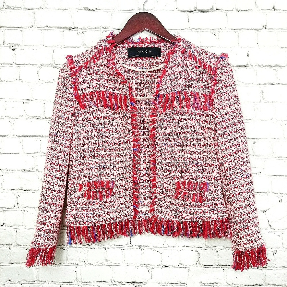 Sold❗Zara Tweed Fringe Jacket Blazer Red Size XS - Picture 2 of 7